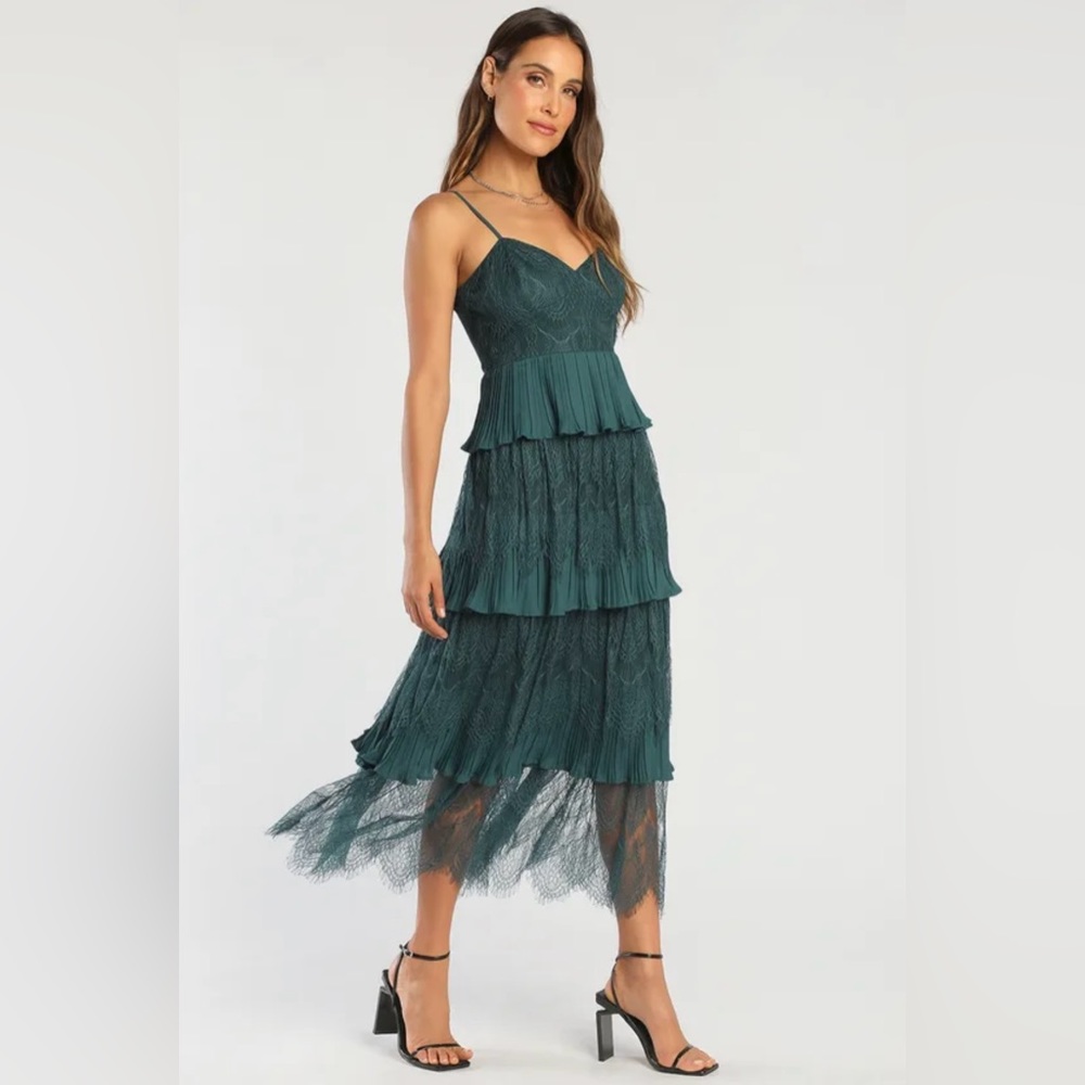Lulus Tier For The Romance Emerald Green Tiered Lace Midi Dress